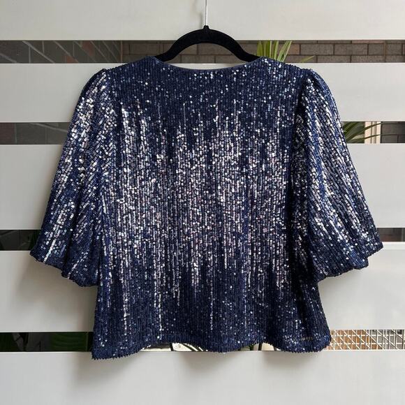 Skies Are Blue Sequin Navy Silver Bubble Sleeve Top Size XS - Picture 3 of 7